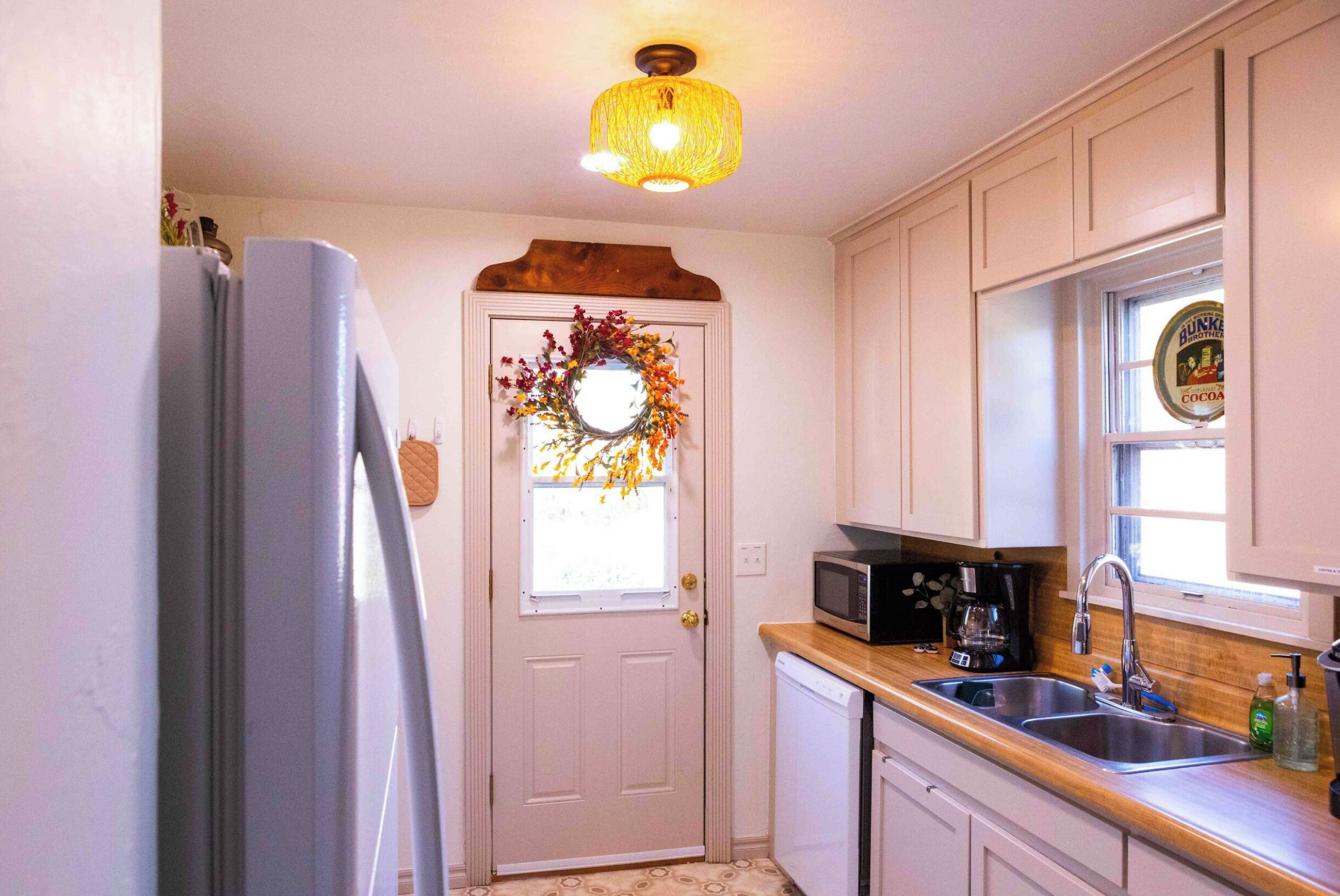 Fridge, oven, spices, dining tables