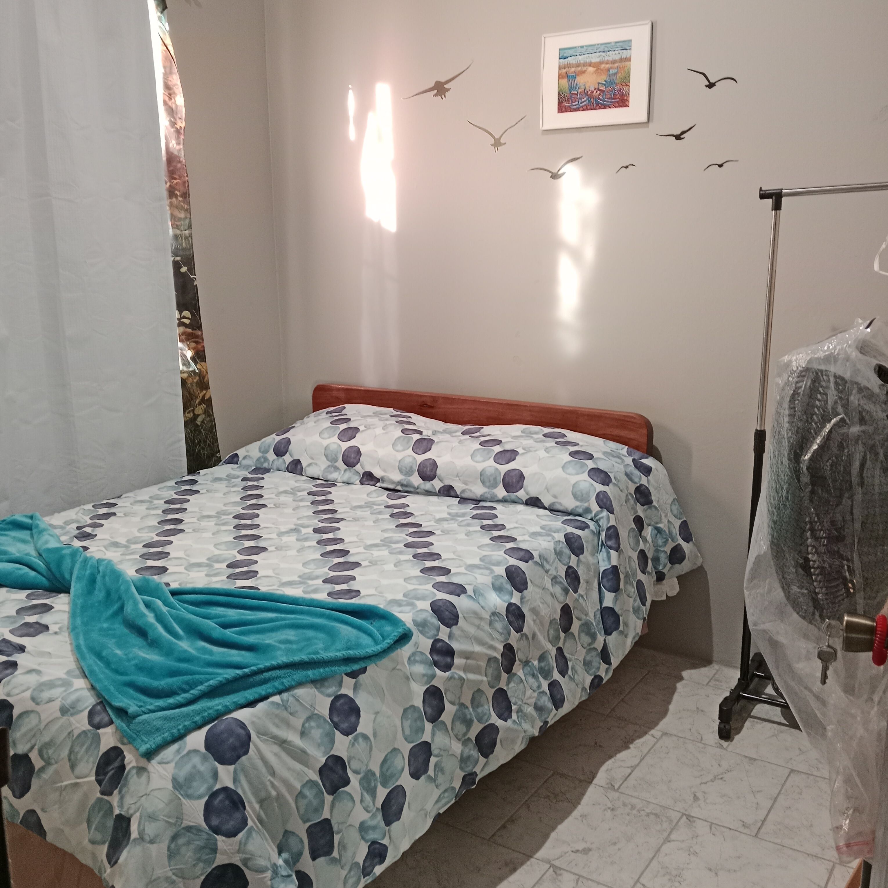 Ein Schlafzimmer mit einem Bett, einer blauen Decke, einem gerahmten Bild an der Wand und einem Fenster mit Vorhängen.