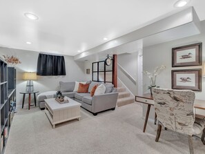 Smart TV, fireplace, DVD player, books