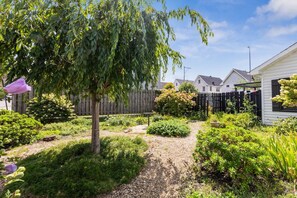 A garden with a variety of plants and a gravel path.