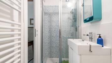 Shower, hair dryer, bidet, towels