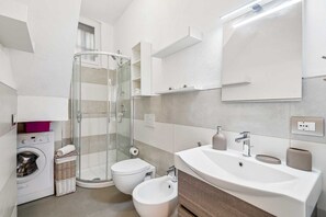 Shower, hair dryer, bidet, towels