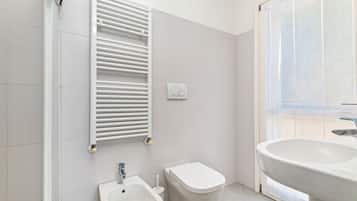 Shower, hair dryer, bidet, towels