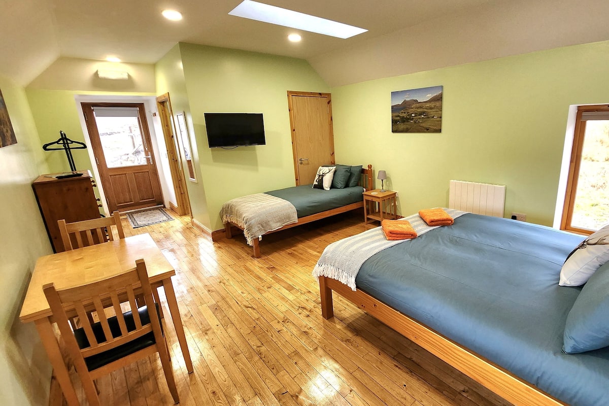 A cozy bedroom with two beds, a wooden desk, and a TV.