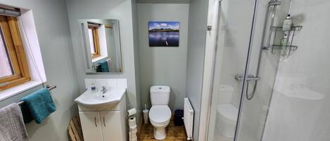 Un baño pequeño con lavamanos, inodoro y ducha con mampara de vidrio.