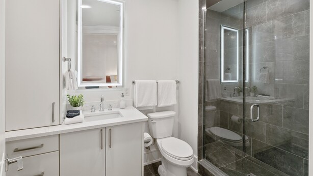 Een moderne badkamer met een douchecabine van glas, een wit toilet en een wastafel met spiegel en wastafelbak.