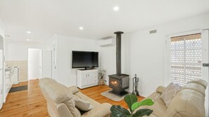 TV, caminetto, libri