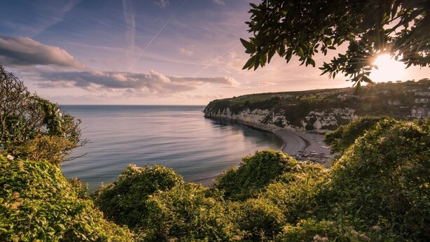A coastal landscape with cliffs, a beach, and a view of the sea.