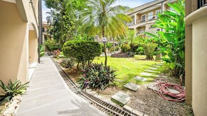 A courtyard with a pathway, palm trees, and a well-maintained garden. - Villa Verde 1#8 (Tamarindo)