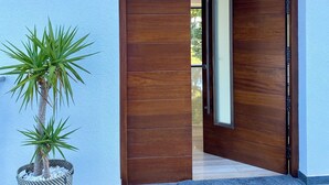 A modern entrance with a wooden door and a potted plant.