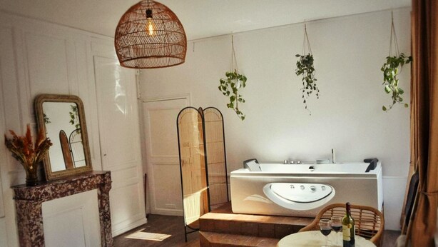 Une salle de bain avec une baignoire sur pieds, un miroir et des plantes suspendues.