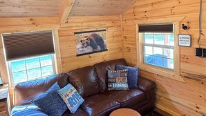 A cozy cabin interior with a brown leather sofa, patterned rug, and wooden walls.