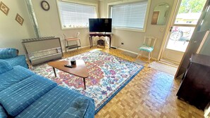 A living room with a blue sofa, a coffee table, a television, and a patterned rug.