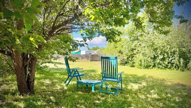 A grassy outdoor area with two blue chairs under a tree.