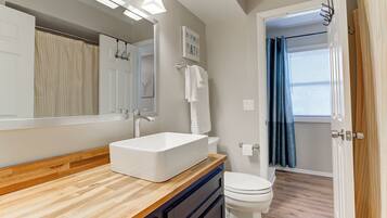 Hair dryer, towels, soap, toilet paper