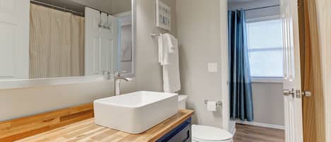 Hair dryer, towels, soap, toilet paper