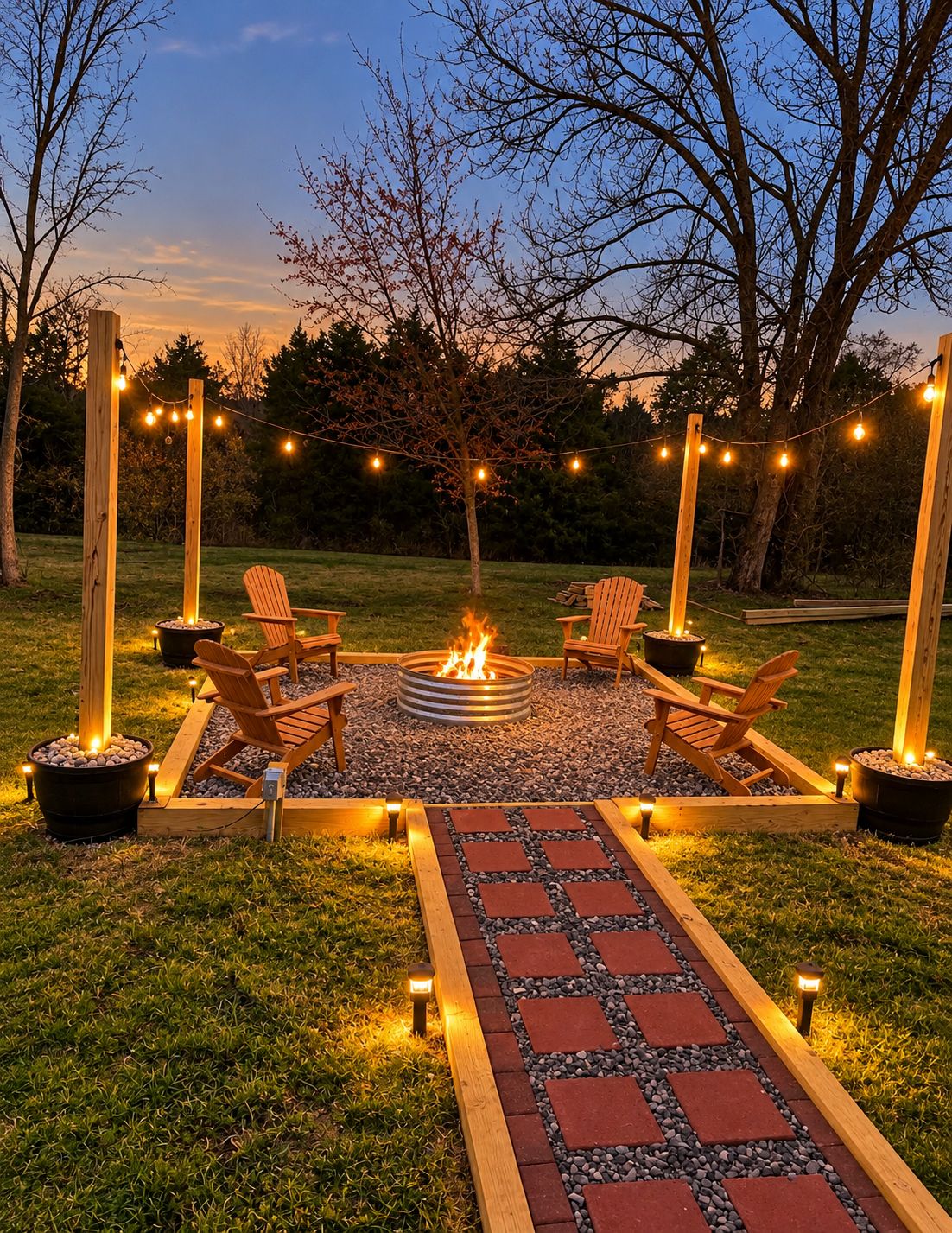 A fire pit surrounded by wooden chairs and a pathway with lights.