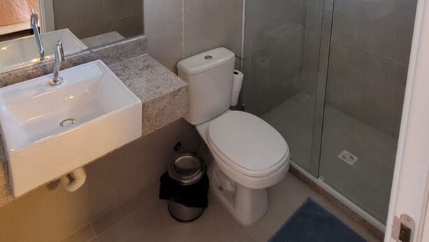 Une salle de bain comprenant un lavabo, des toilettes et un espace douche.