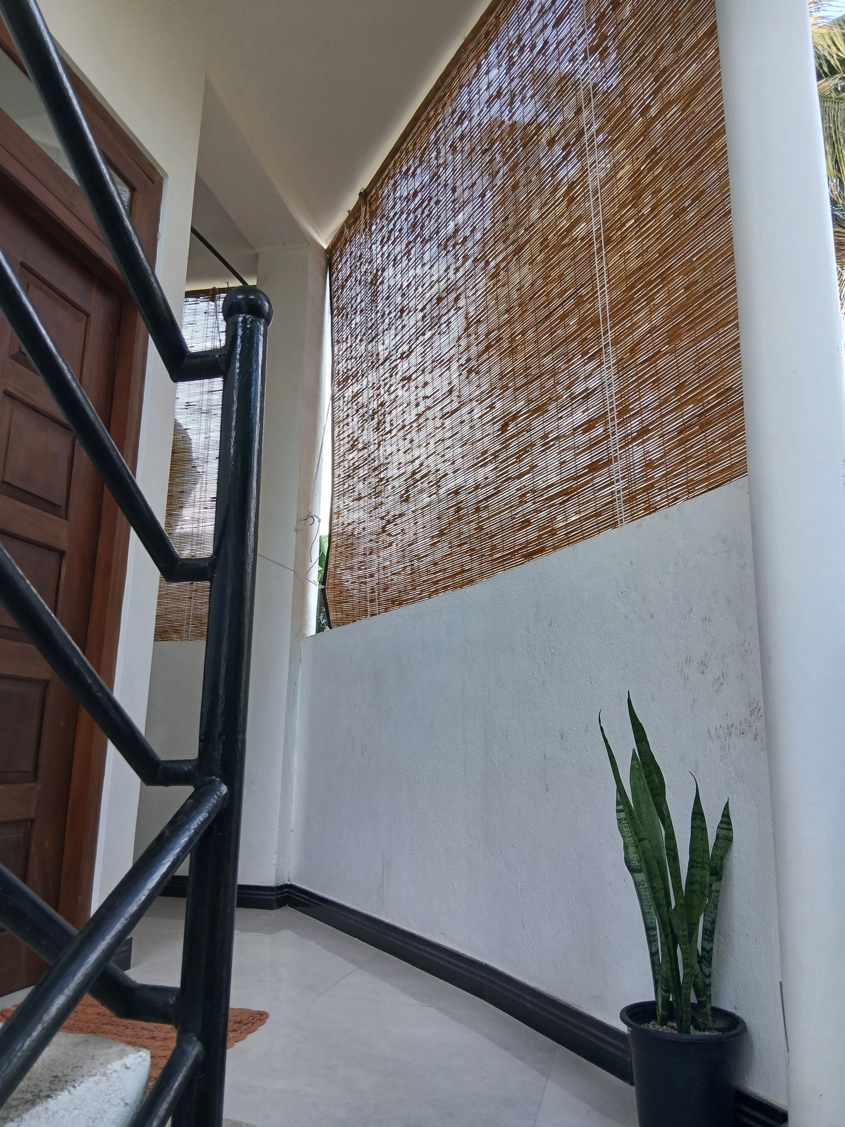 A staircase with a black handrail, a wooden door, a woven privacy screen, and a potted plant.