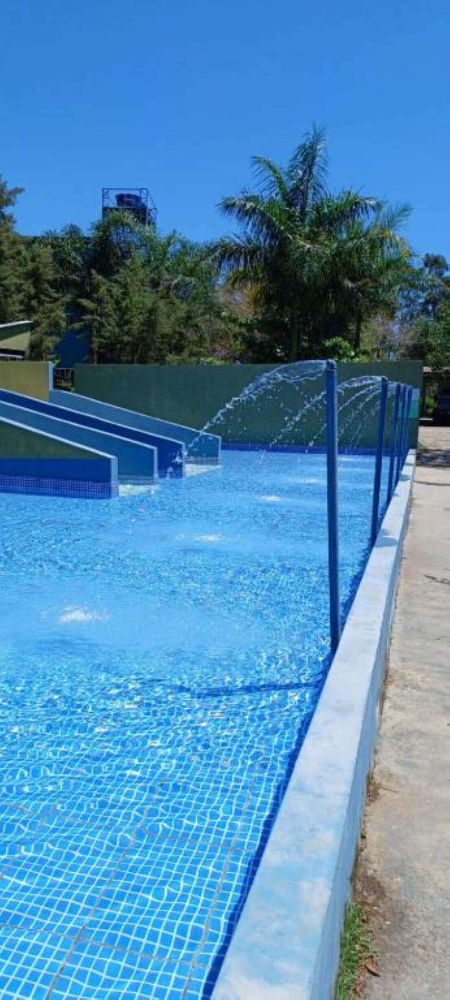 Piscina com água azul cristalina, rodeada por um deck de concreto e palmeiras.