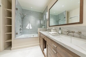 Hair dryer, towels, soap, shampoo