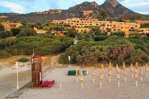 On the beach, sun-loungers, beach towels