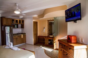 Ein kompaktes Hotelzimmer mit Küchenzeile, einem Bett, einem Fernseher und einem Badezimmer.