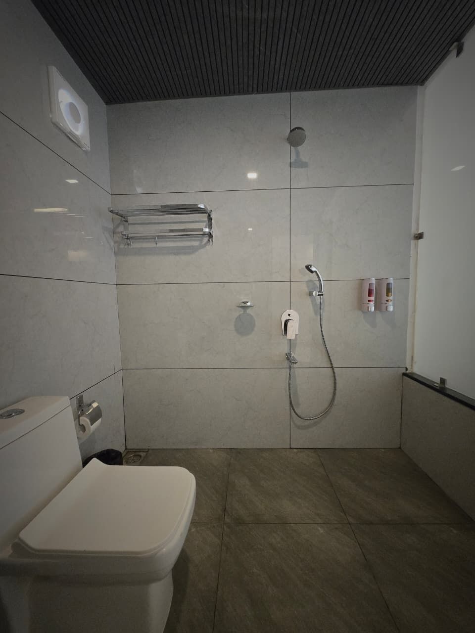 Un baño moderno con ducha, inodoro y perchero para toallas.