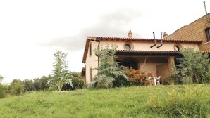 Una casa con techo de tejas, chimenea y jardín con diversas plantas y una silla blanca.