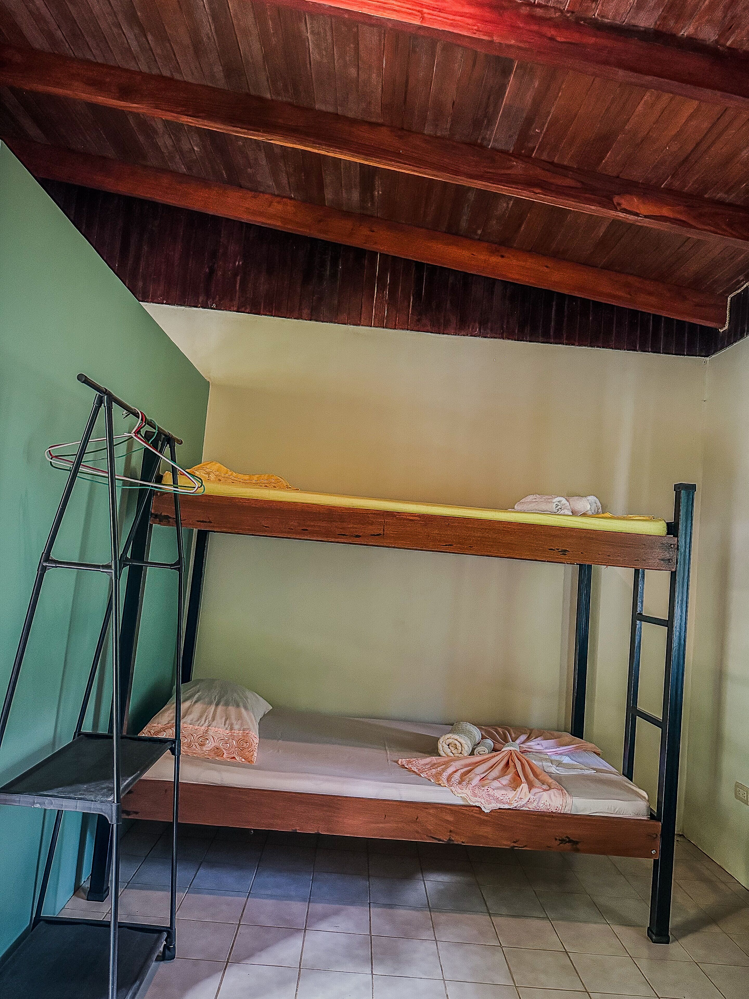 Una cama litera con una escalera metálica y un estante pequeño, en una habitación con paredes verdes y techo de madera.