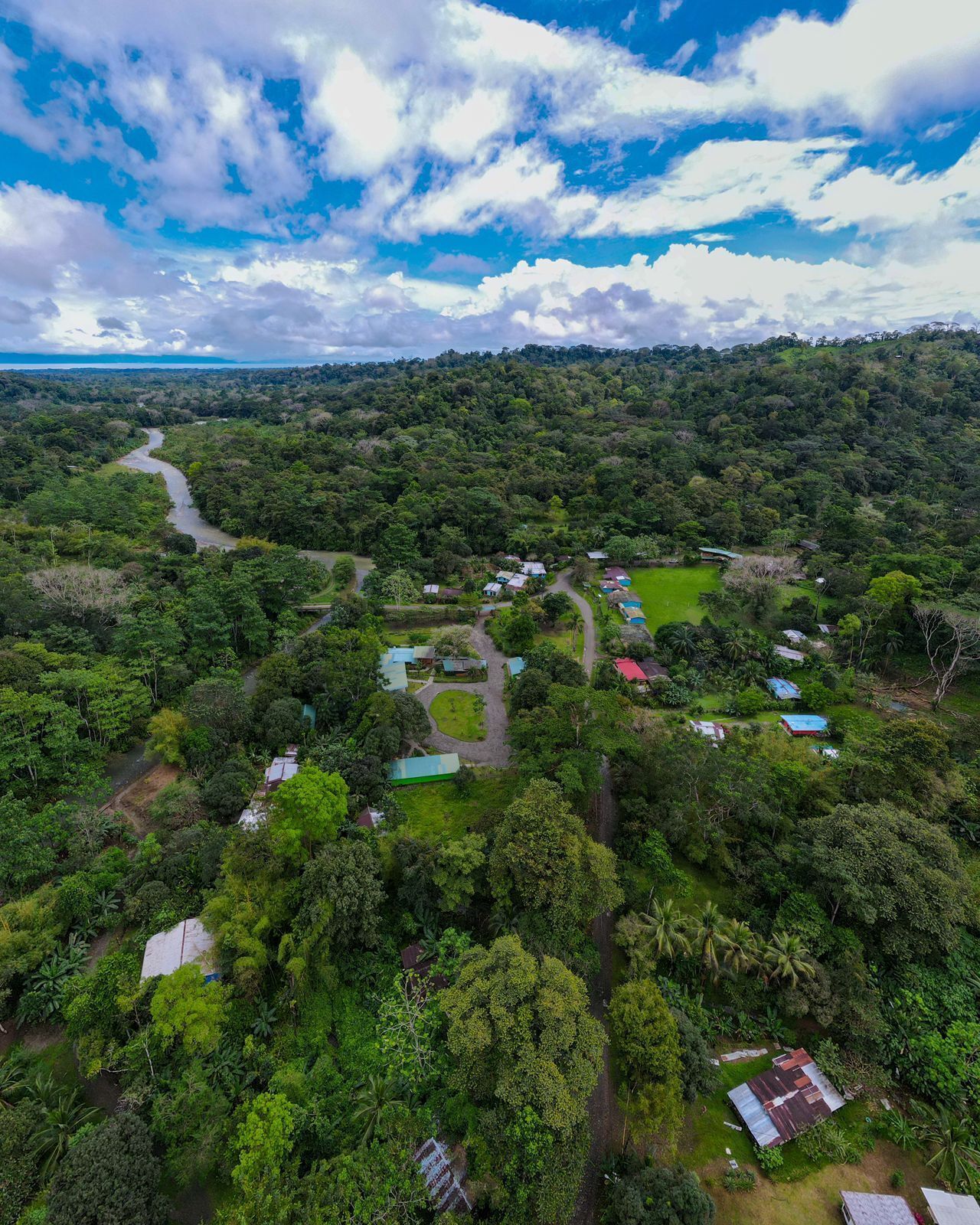 Luchtbeeld van een landelijk gebied met verspreide huizen, een rivier en weelderige begroeiing.