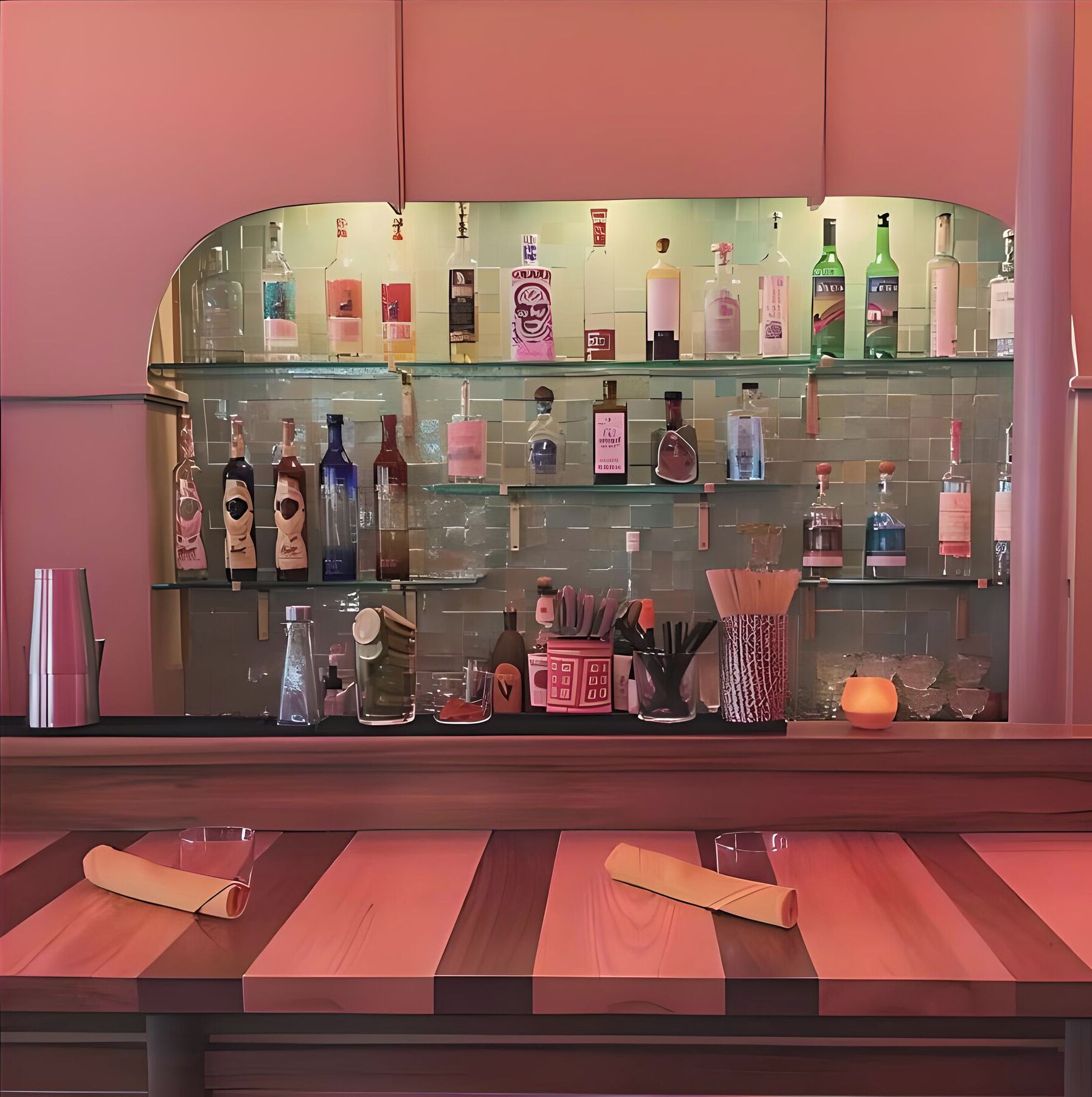 A bar area with multiple shelves displaying bottles and glasses.