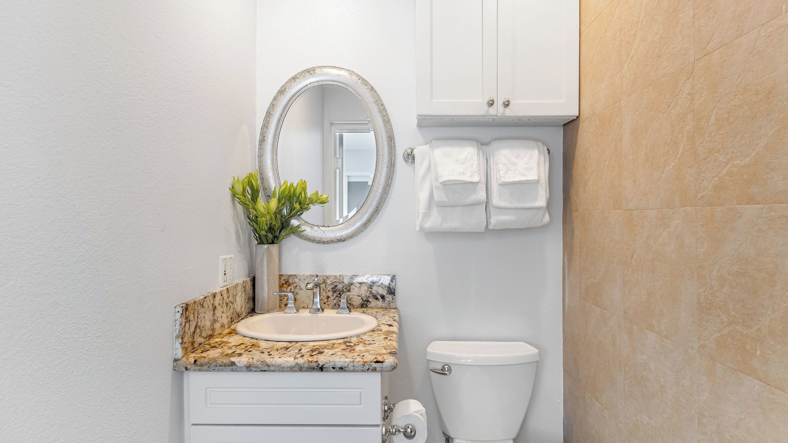 Une salle de bain avec un lavabo en marbre, des toilettes et un miroir.