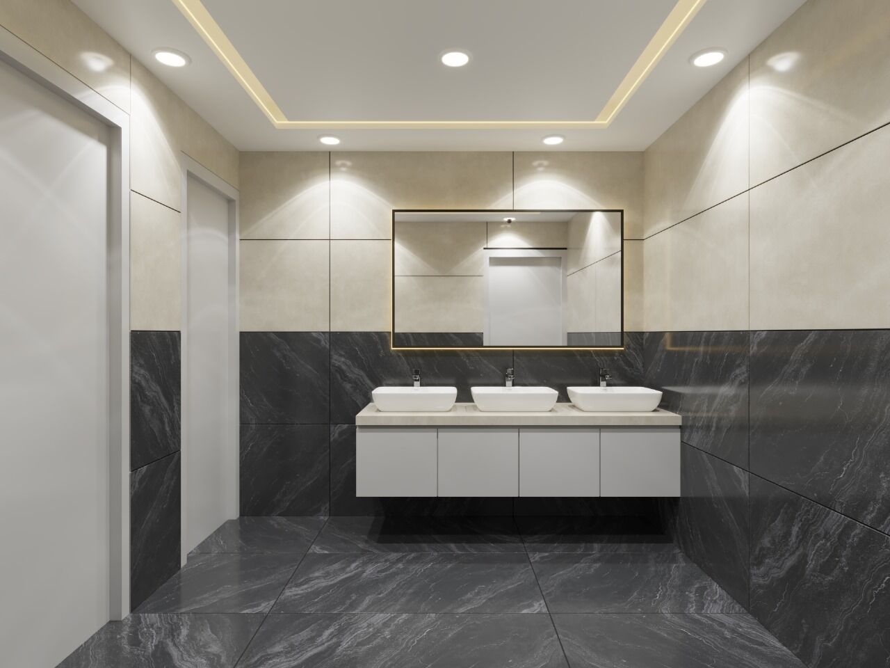A modern bathroom with three sinks, a large mirror, and recessed lighting.
