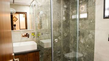 Shower, towels, soap, shampoo