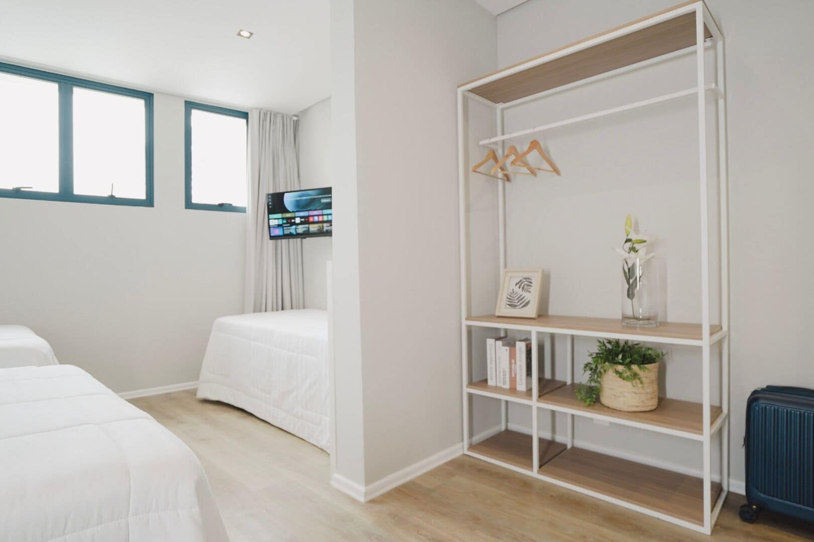 A modern hotel room with a large window, a flat-screen TV, a white wardrobe, and a small plant on the shelf.