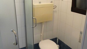 Une petite salle de bain comprenant des toilettes, une douche en verre et un réservoir de chasse d’eau blanc.