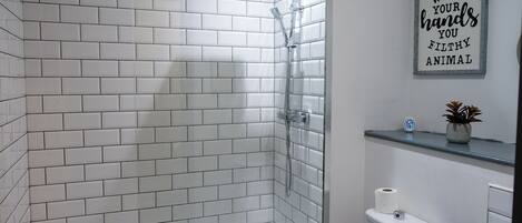 Shower, towels, soap, toilet paper