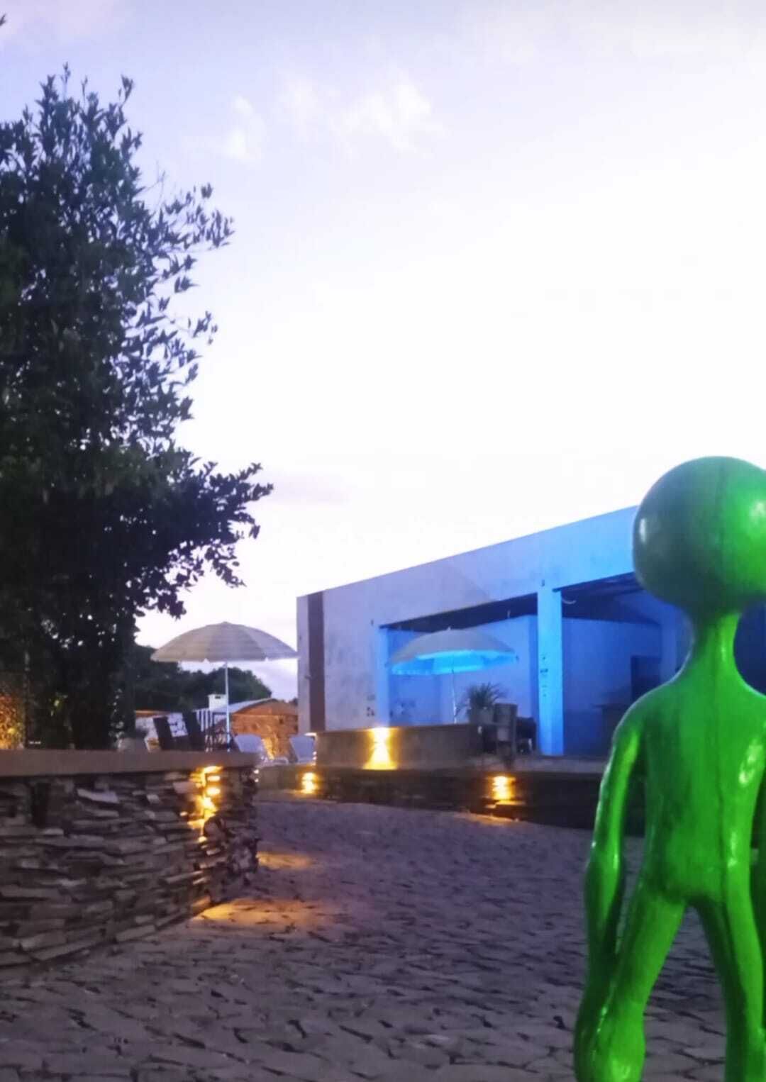 A modern building with a blue-lit interior, a stone pathway, and a green sculpture.