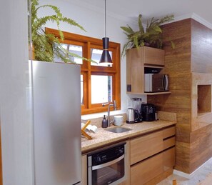 Fridge, microwave, high chair