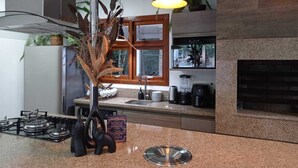 A modern kitchen with a gas stove, a built-in oven, a sink, and a countertop with a blender and other appliances. - Pousada château Lumière  (Itaara)