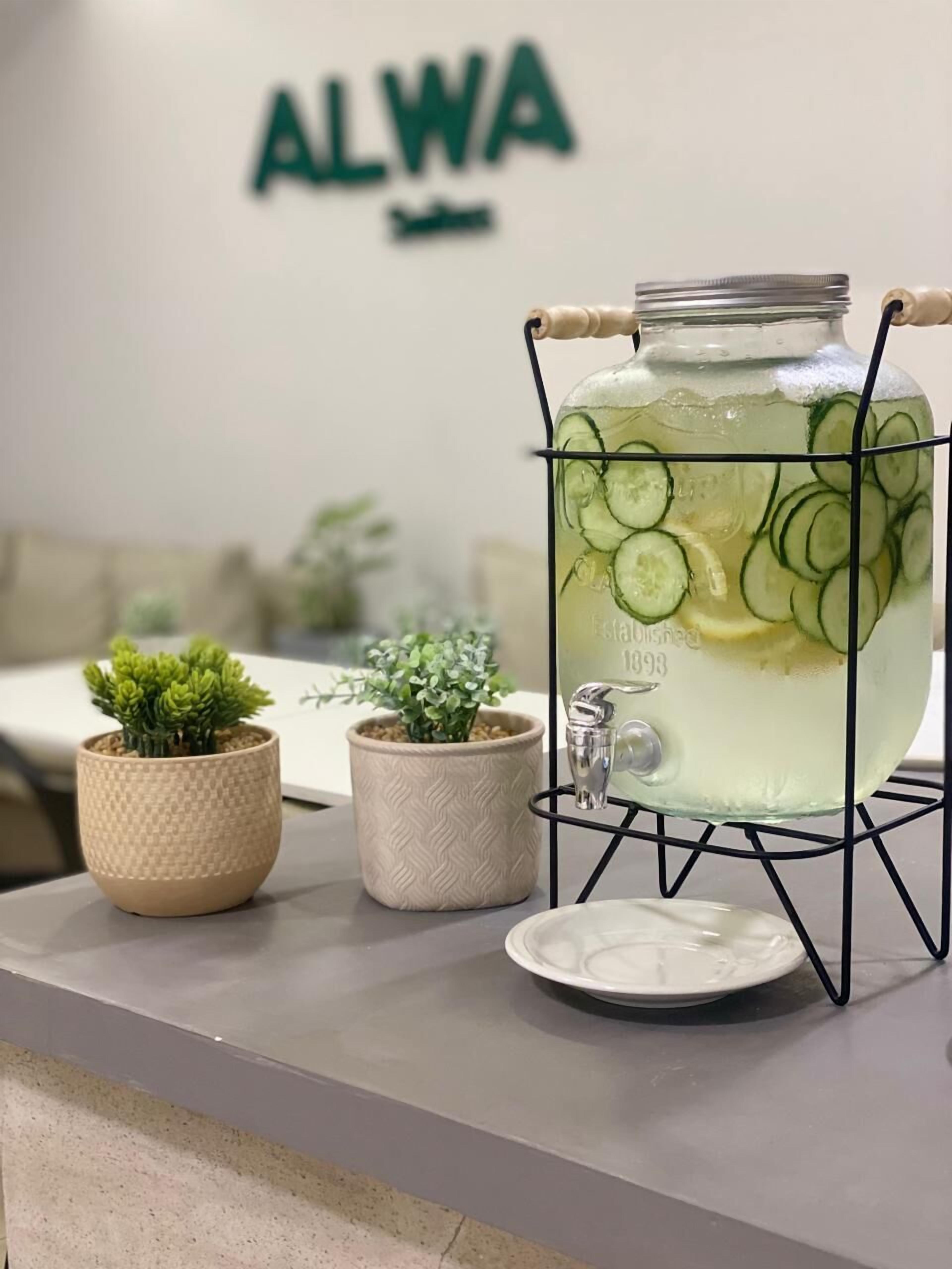 Un comptoir de cuisine avec un grand distributeur d’eau rempli de rondelles de concombre, deux petites plantes en pot et une assiette blanche.