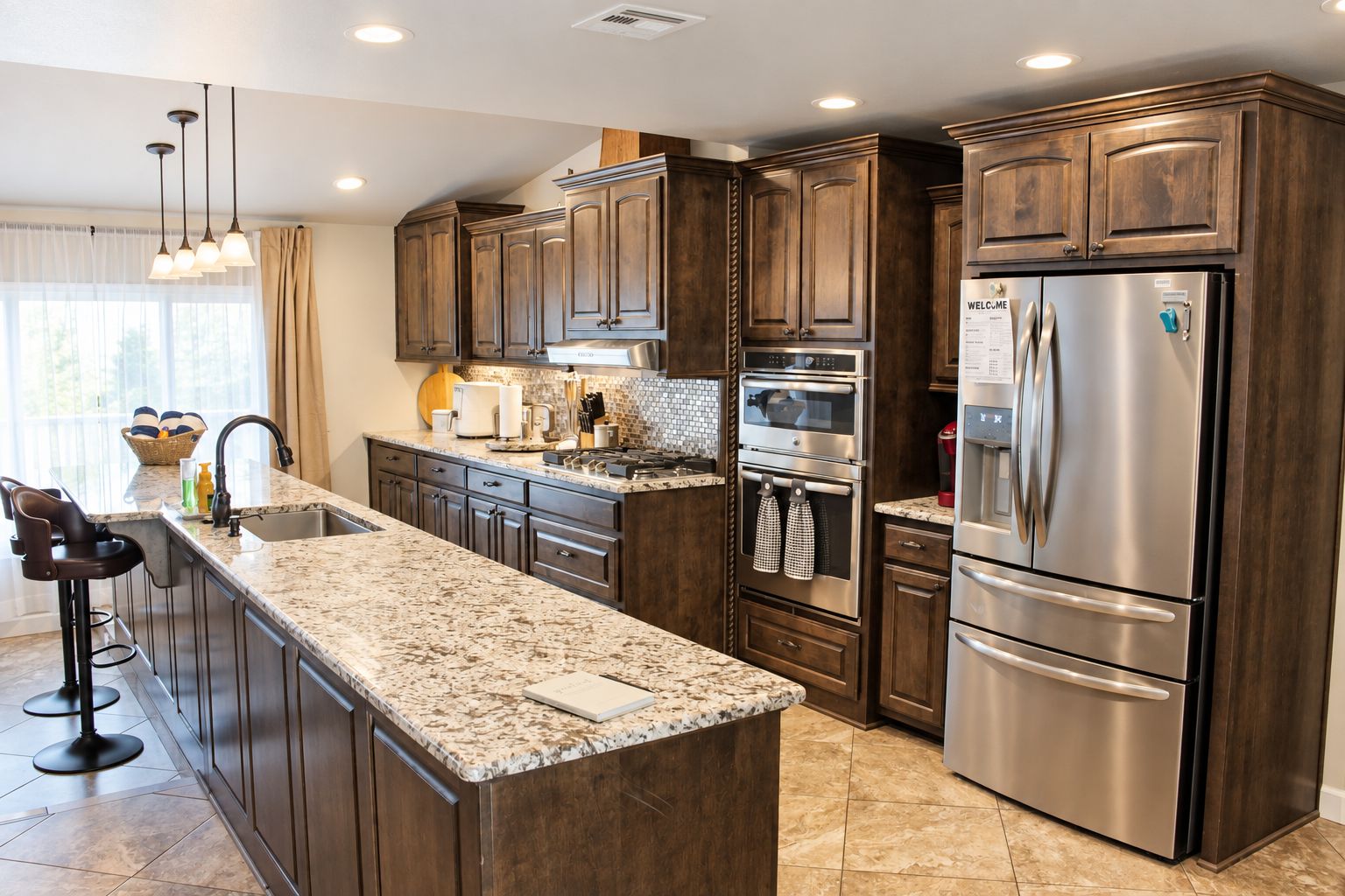 A modern kitchen with dark wood cabinets, stainless steel appliances, and a granite countertop.