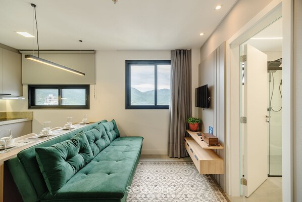 Basic Apartment | Living area | 32-inch Smart TV with digital channels, ping pong