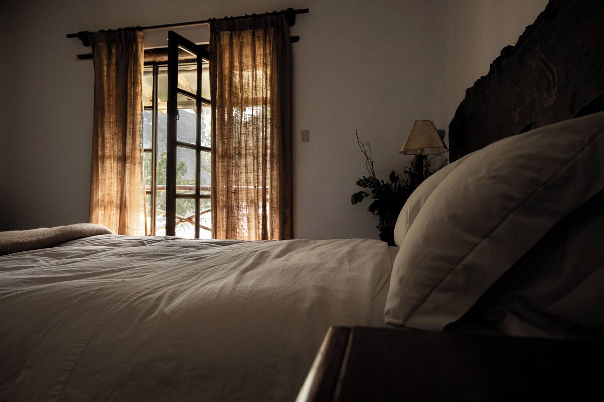A bedroom with a bed, a window with curtains, a lamp, and a vase with plants.