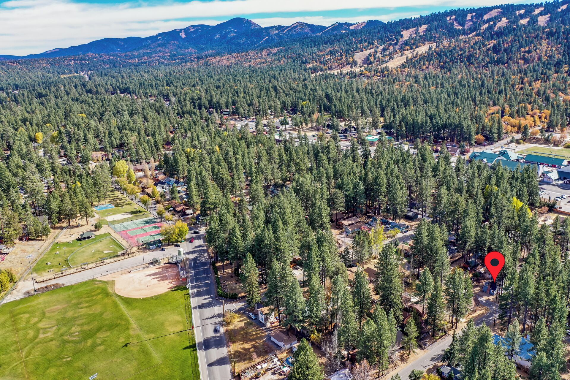 An aerial view of a residential area with dense forest, a sports field, and a red location marker.