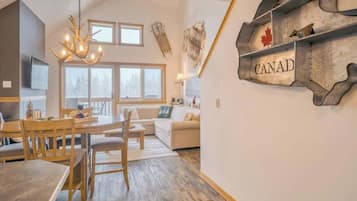 TV, fireplace, books, offices