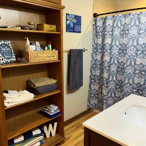 Hair dryer, towels, soap, toilet paper