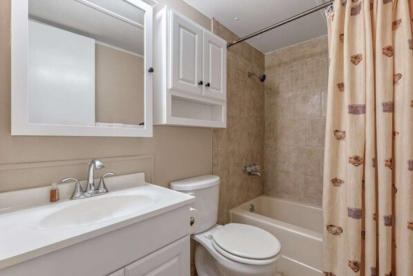 Hair dryer, towels, soap, toilet paper