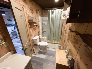 Hair dryer, towels, soap, toilet paper